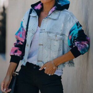 Denim Tie-Dye Removable Hooded Jacket NEVER WORN